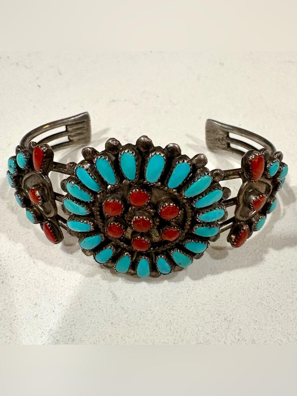 Vintage Leonard & Lula Weebothee Zuni Turquoise Coral Sterling Cuff